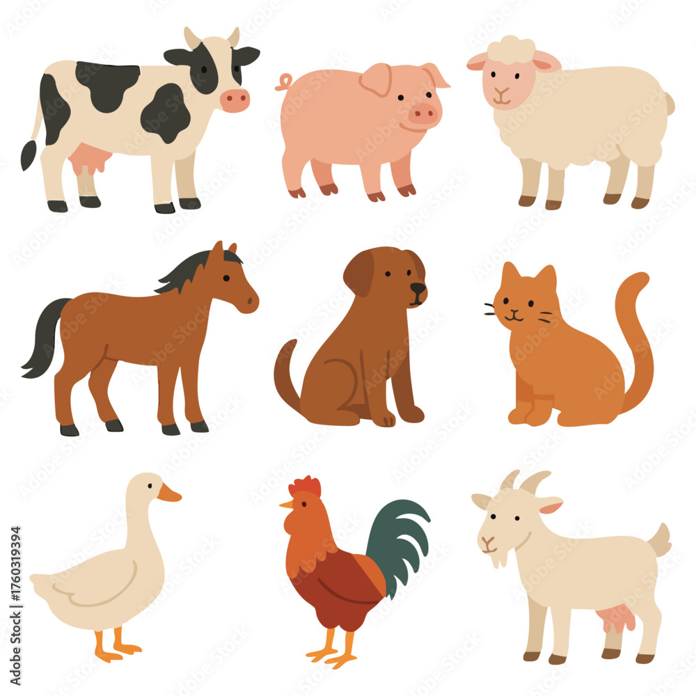 Naklejka premium Farm Animal Cow Pig Horse Sheep Chicken Illustration