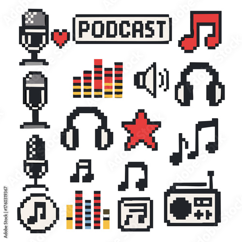 Pixel Podcast Microphone Music Icon Set