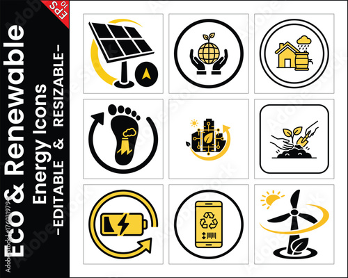 Eco Friendly And Renewable Energy Icons Representing Sustainability And Environmental Conservation Measures Collection