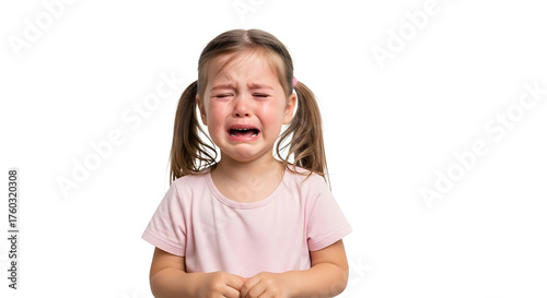 Close up studio portrait of a young girl with pigtails crying with tears streaming down her face in a light pink shirt, isolated on a white background