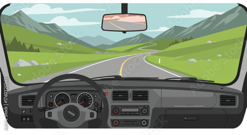 Flat 2D vector illustration showing the vehicle interior dashboard and a winding scenic mountain road visible through the front windshield, perfect for symbolizing travel and summer road trips.
