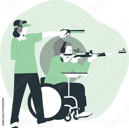 Woman in Wheelchair Shooting Target with Instructor vector paralympic