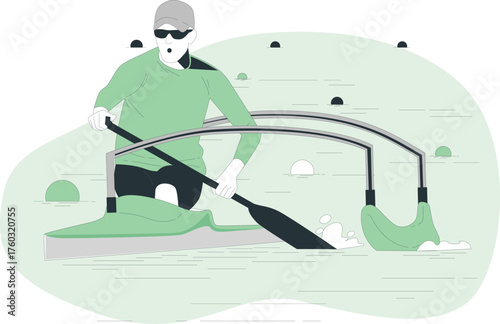 Person in sunglasses kayaking with paddle and water splashes canoe water sport