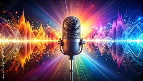 A realistic microphone is centered, with sound waves radiating outwards. Vibrant colors and energy are depicted