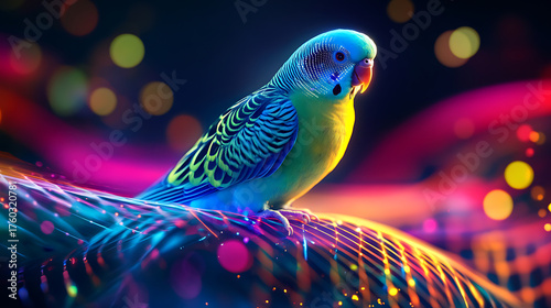 A parakeet with voice-recognition modules singing in a glowing aviary 