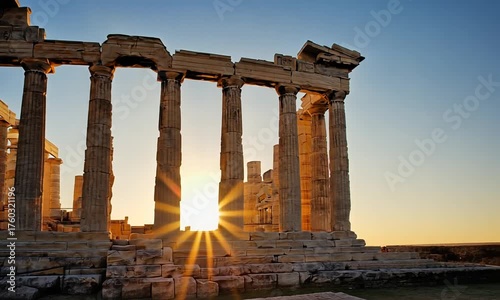 Ancient Greek Temple Ruins at Cape Sounion with Sunburst Through Columns temple of poseidon