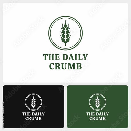 The Daily Crumb logo featuring a wheat stalk inside a circle, presented in white, black, and green variations.