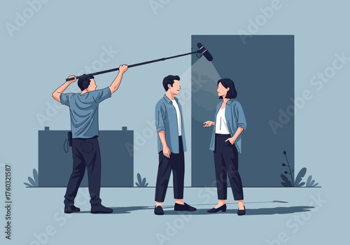 Monochrome blue illustration of a filmmaker or director framing a shot with his hands while looking through a professional video camera.