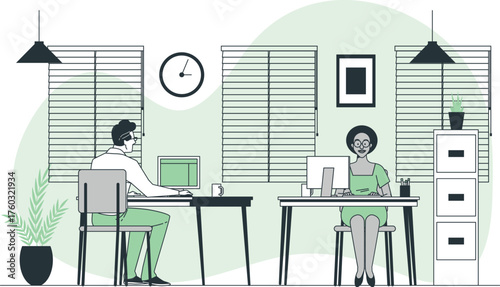 Two people working at desks in a modern office with blinds and plants computer