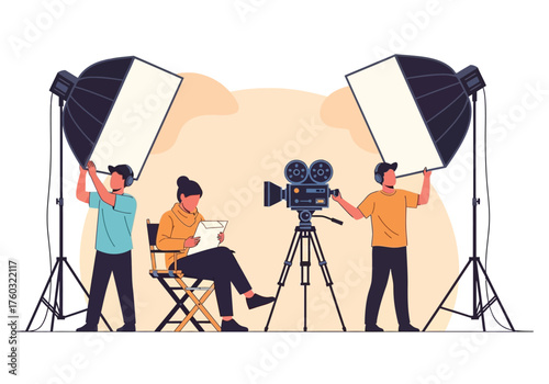 Monochrome blue illustration of a filmmaker or director framing a shot with his hands while looking through a professional video camera.