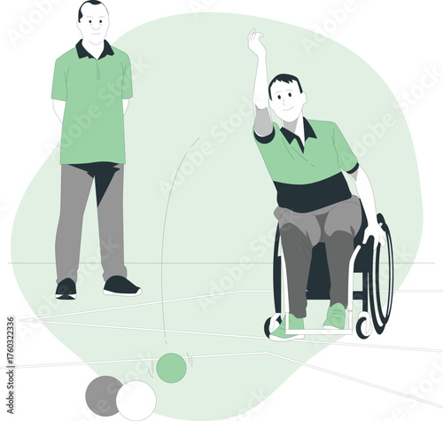 Men playing bocce ball with balls on court one in a wheelchair sport game
