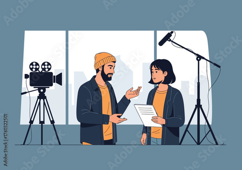 Monochrome blue illustration of a filmmaker or director framing a shot with his hands while looking through a professional video camera.
