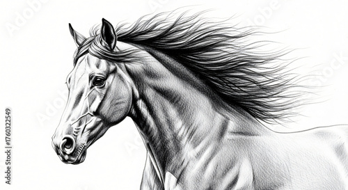 Dramatic black and white portrait of a horse with flowing mane
