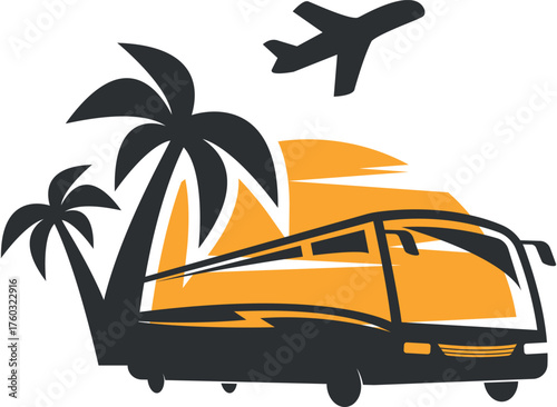 Enjoy your travel adventures with a vibrant bus palm trees and airplane graphic