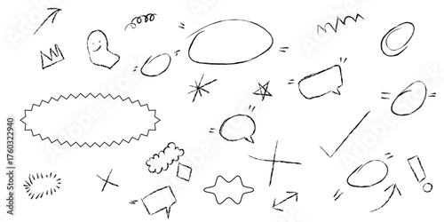 Hand-Drawn Doodle Text Box and Annotation Mega-Set: Sketch Collection of Speech Bubbles, Checkmarks, Crosses, Callouts, Highlight Shapes, Frames, and Arrows for Comic, UI, and Casual Design