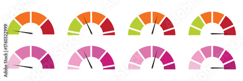 Dashboard colorful speedometer icons set. Tachometer icon isolated. Performance indicator sign. Car speed. Fast internet speed sign. Stock flat vector elements
