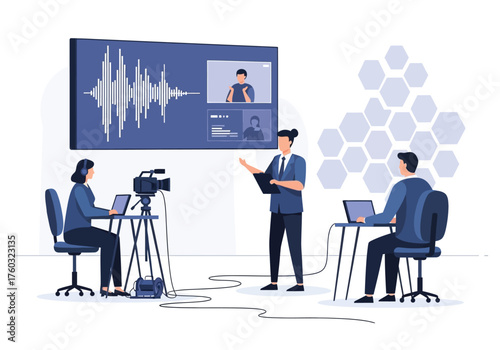 Monochrome blue illustration of a filmmaker or director framing a shot with his hands while looking through a professional video camera.