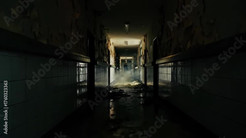 Flooded abandoned corridor with broken windows and peeling walls captured in natural daylight