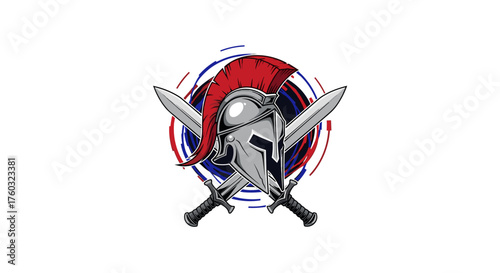 A powerful spartan helmet with crossed swords and a circular design behind it representing strength and combat.