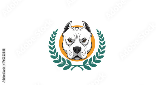 This illustration features a fierce looking dog surrounded by a laurel wreath.