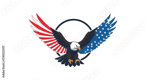 Majestic bald eagle with wings spread wide showcasing the American flag's patriotic colors.