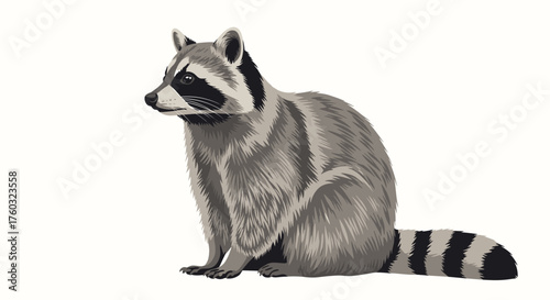 A furry raccoon with distinctive black facial markings sits alertly in this grayscale illustration.