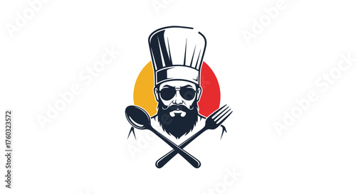 A skilled chef with a beard and sunglasses holding a spoon and fork behind a colorful circle background.