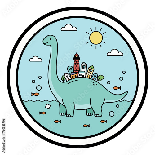 Charming dinosaur carries a coastal town on its back in cute and whimsical style