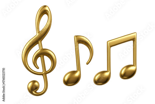 Golden music notes and a treble clef symbolizing melody, sound, and harmony, rendered in 3d on a transparent background