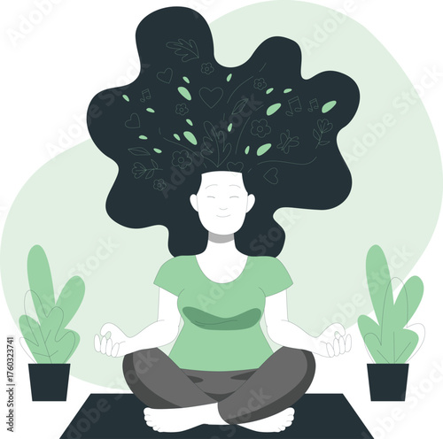 Woman meditating with plants and abstract elements flowing from her head Keywords: meditation, yoga, mindfulness, peace, calm, relaxation, wellness, health, mental health, self-care, nature