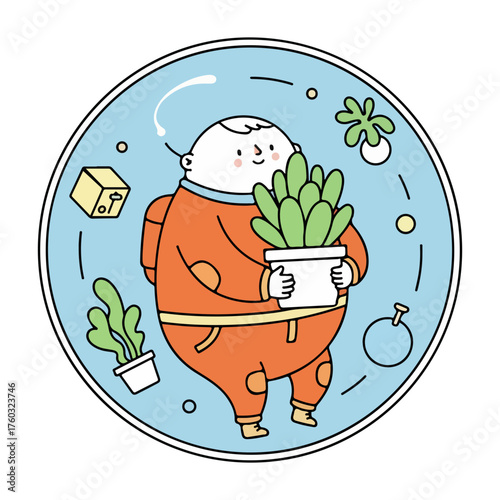 Chubby character caring for plants in a bubble, nurturing growth and positivity