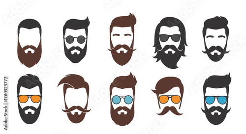 Collection of diverse male hairstyles and beard styles with sunglasses
