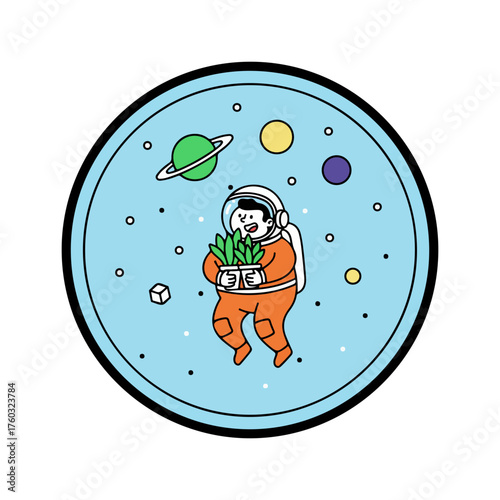 Astronaut holding plant pot floats peacefully among planets and stars in space