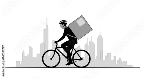 A cyclist delivers a package through a city skyline on a bicycle.