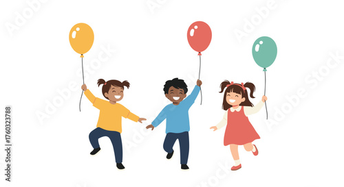 Three happy diverse children holding colorful balloons and jumping joyfully during a celebration event.