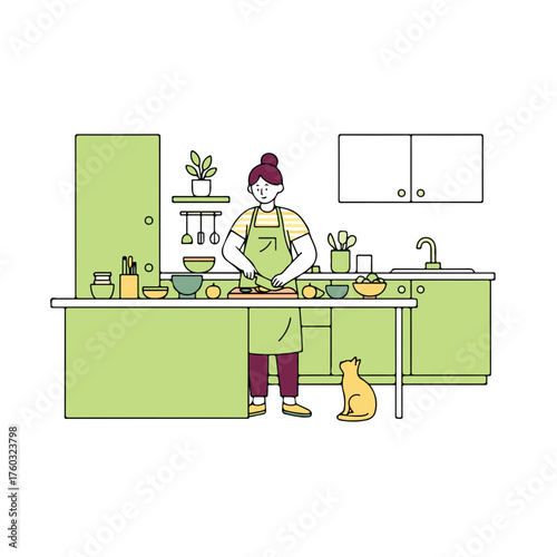 Woman preparing fresh healthy meal at home in modern kitchen with happy cat nearby