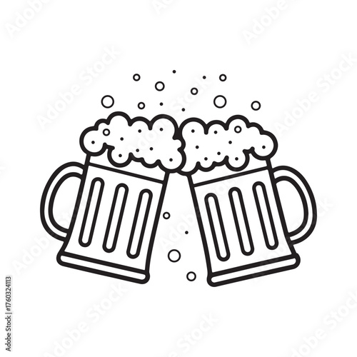 This minimalist line art illustration features two clinking beer mugs with overflowing foam and rising bubbles, perfect for pub, brewery.eps