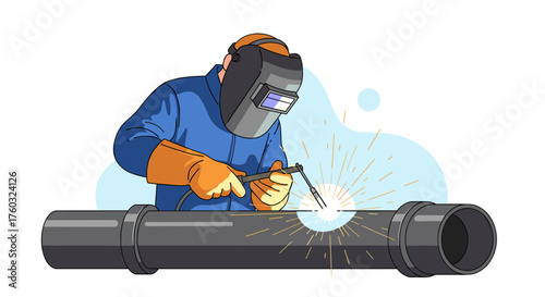 A skilled welder wearing protective gear works on a metal pipe outdoors.
