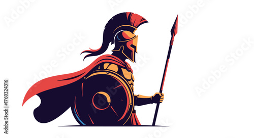 An ancient warrior clad in armor and a flowing red cape stands ready for battle holding a spear and shield.