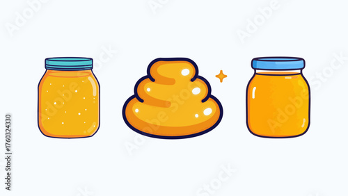 Honey Jars and Pile, Sweet Golden Vector Illustration