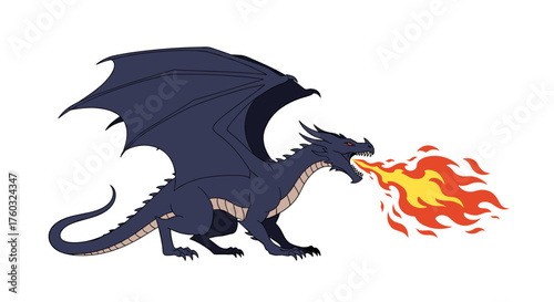 A fearsome dark blue dragon unleashes a torrent of vibrant flames from its open mouth and powerful jaws.