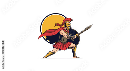 An illustration of a Roman soldier in armor holding a sword and shield, ready for battle under a large sun.