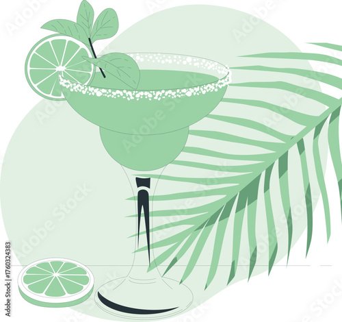 Margarita Cocktail with Lime, Mint and Palm Leaf vector illustration