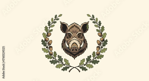 Pixel art boar head emblem surrounded by an oak leaf and acorn wreath.