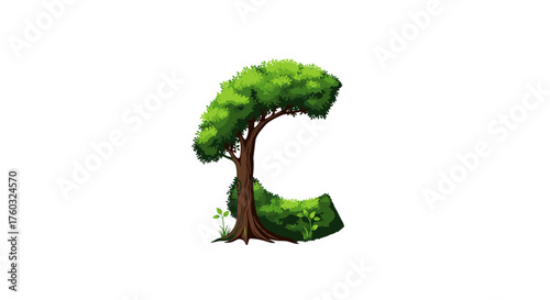 A unique letter C shaped like a green tree with lush foliage and roots growing from the ground.