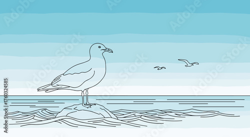 A lone seagull stands on a rock in the ocean watching its companions fly in the sky.