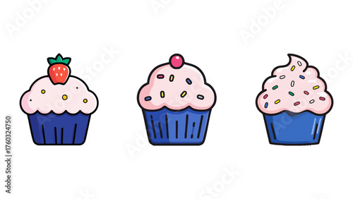 Delicious trio of cupcakes, each adorned with unique toppings and vibrant sprinkles, ready to be enjoyed