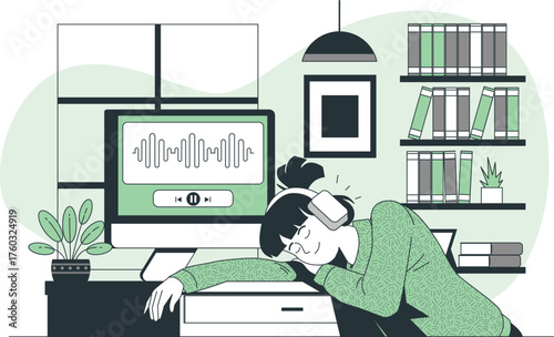 Woman sleeping at a desk with headphones and computer displaying audio waves vector illustration