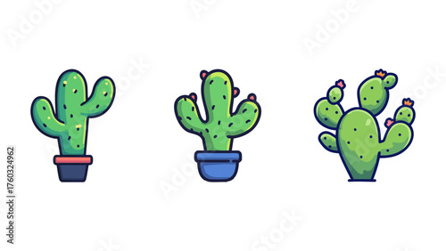 Vibrant Cartoon Cactus Plant Icon Set with Pots and Flowers – Three Unique Succulent Illustrations for Graphic Design Projects