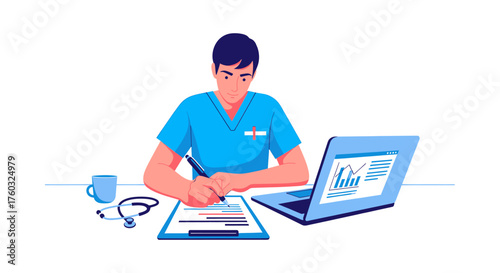 Medical professional in blue scrubs meticulously documenting patient information at a desk with a stethoscope and laptop displaying charts